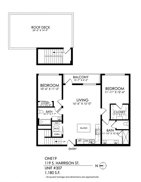 Floor plan for 2 beds, 2 baths, 1170 sqft